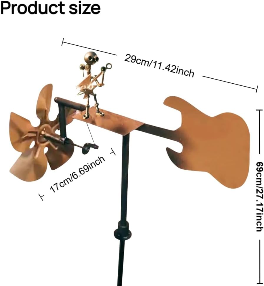 Garden Handmade Metal Rock Band Drummer Guitar Windmill, Kinetic Art Metal Sculpture Wind Spinners