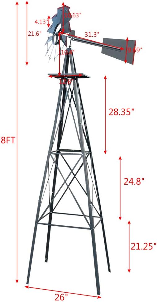 Garden Windmill for Yard Decor, 8 ft Tall Metal Windmill with Spinning Blades, Weather-Resistant