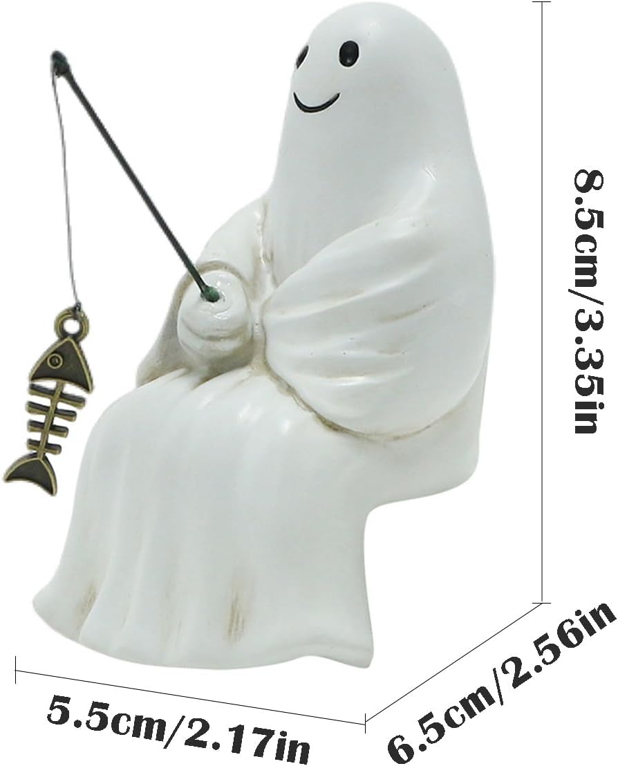 Fishing Ghost Statue Funny Halloween Decorations, 3.35 Inch Cute Sitting Ghost Figurine Shelf