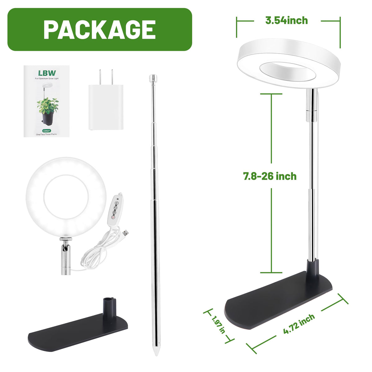 LBW Grow Lights for Indoor Plants, Full Spectrum Halo Grow Light with Base