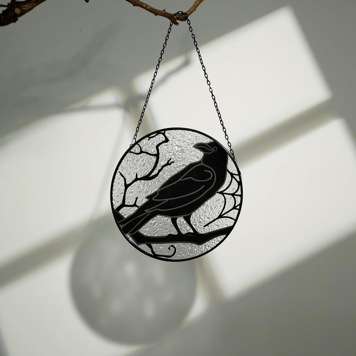 Raven Stained Glass Suncatcher Window Hanging Decoration, Halloween Gothic Black Crow Glass