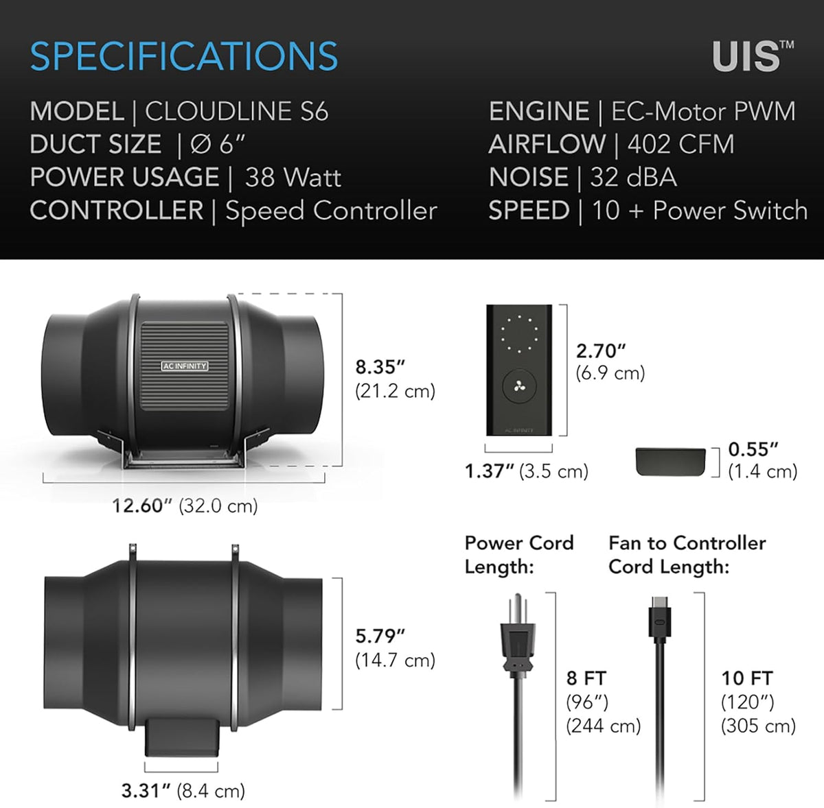 AC Infinity CLOUDLINE PRO S6, Quiet 6” Inline Duct Fan with Speed Controller - EC Motor Ventilation