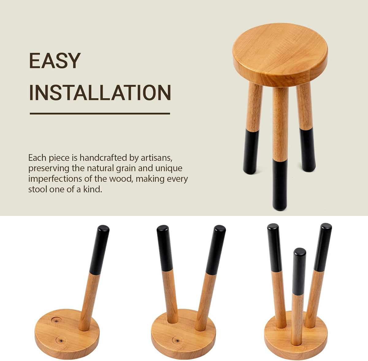 Rubber Wood 9" Round Plant Stand |Dip Dyed Black Accent Stool |Small Drinking Table |Side Table(18"