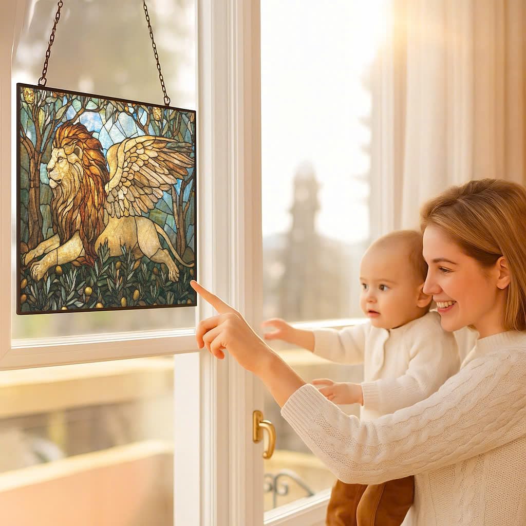 Personalized Rectangle Art Nouveau Olive Angel Lion Stained Glass Suncatcher Window Hanging, Gothic
