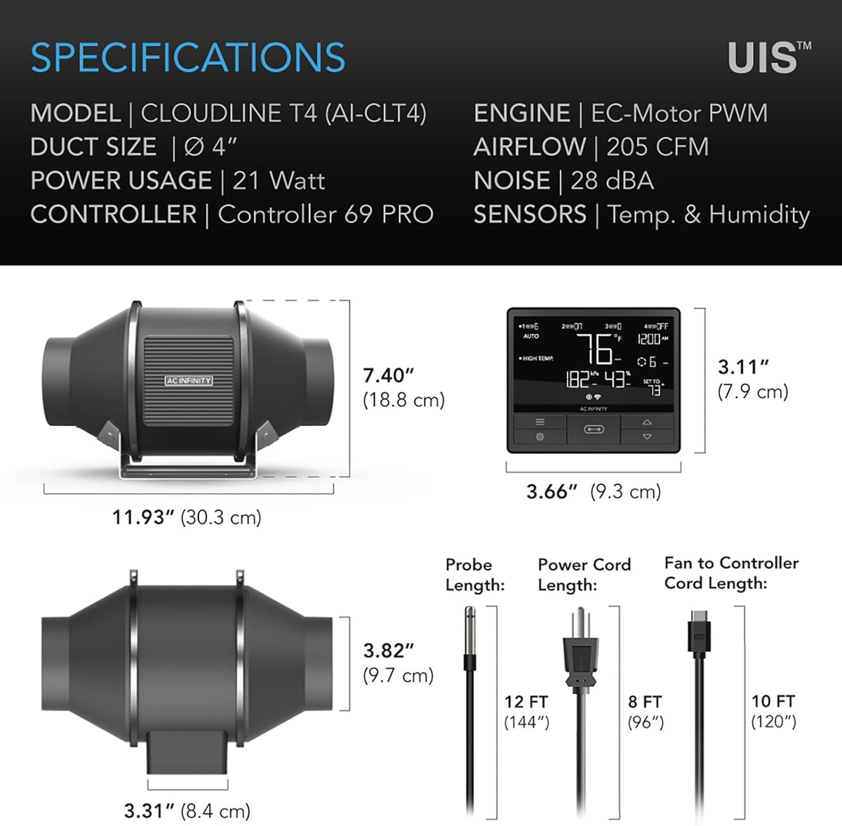 AC Infinity CLOUDLINE PRO T4, Quiet 4” Inline Duct Fan with Temperature Humidity VPD Controller