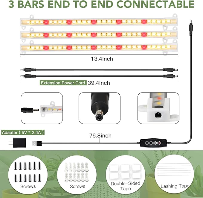 GYTF LED Grow Light Strips, 3500K 90-Bulb Full Spectrum Dimmable Plant Growing Lamp Bars with Auto