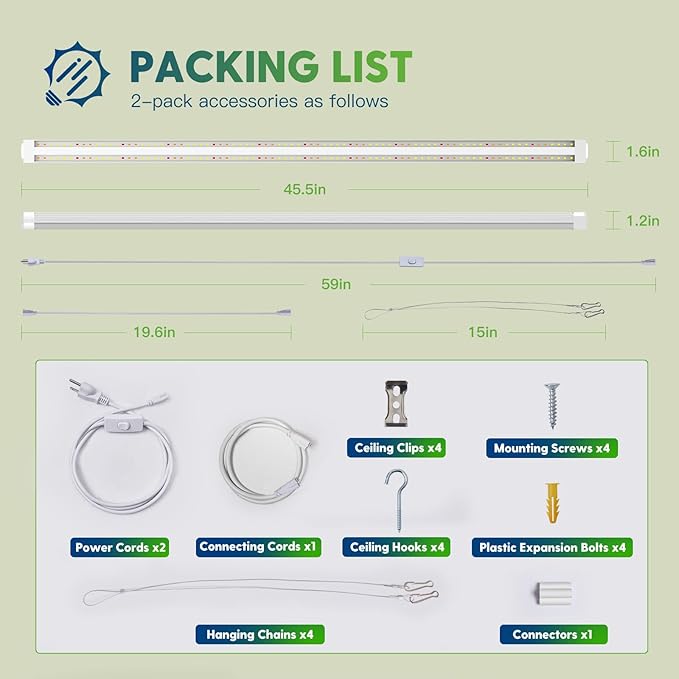 FREELICHT 2 Pack 4FT LED Grow Light, 40W (250W Equivalent), Full Spectrum Sunlight Growing Lamp