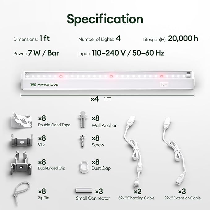 Plant Grow Lights 1FT, Red-Enhanced Full Spectrum 5000K, 28W(4 x 7W), T5 LED Grow Light Strips for