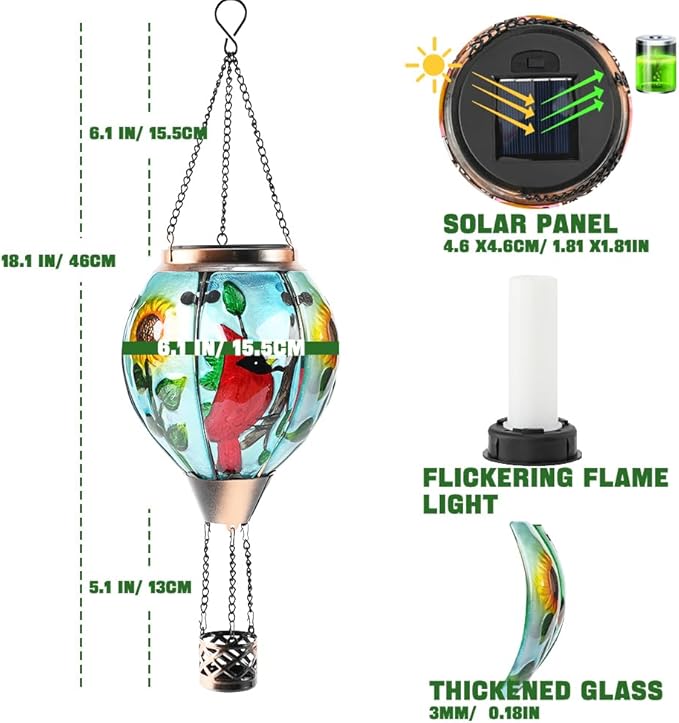 Hot Air Balloon Solar Lantern - Cardinal Bird Glass Lantern, Simulated Flickering & Dancing Flame