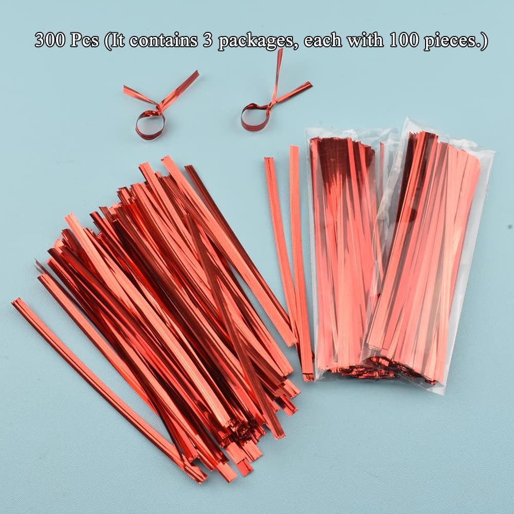 HAHIYO 300Pcs 4 Inches Red Metal Twist Ties for Bread, Candy, Coffee, Plant Garden, Cellophane
