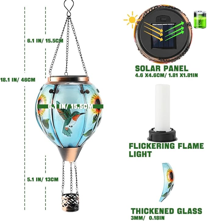 Hot Air Balloon Solar Lantern - Hummingbird Glass Lantern, Simulated Flickering & Dancing Flame