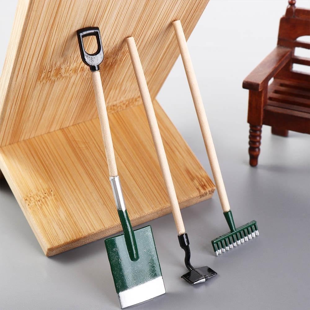 3Pcs Miniature Garden Tools 1:12 Mini Shovels and Rake Farm Tools Fairy Garden Furniture Dollhouse