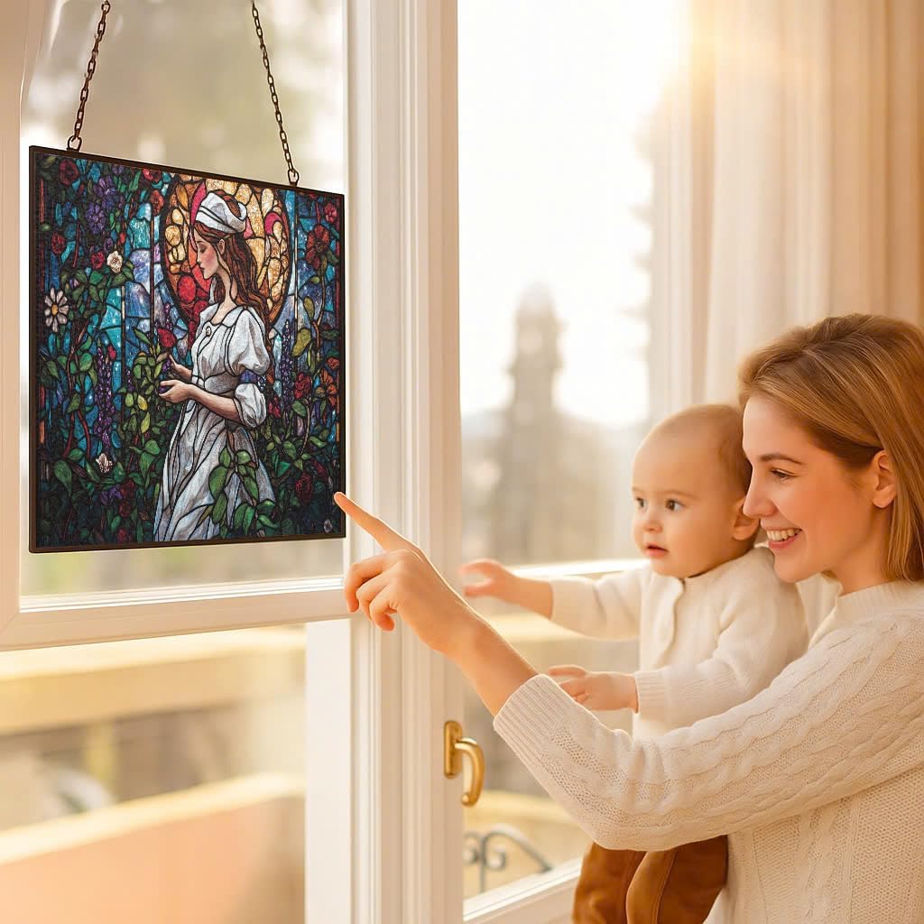 Customized Rectangle Art Nouveau Garden Nurse Stained Glass Window Hanging Suncatcher Stained Glass