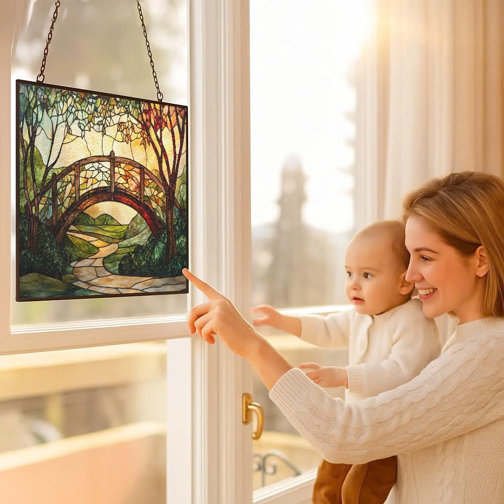 Rectangle Art Nouveau Ivy-Covered Bridge Stained Glass Window Hanging,Hummingbird Sun Catchers