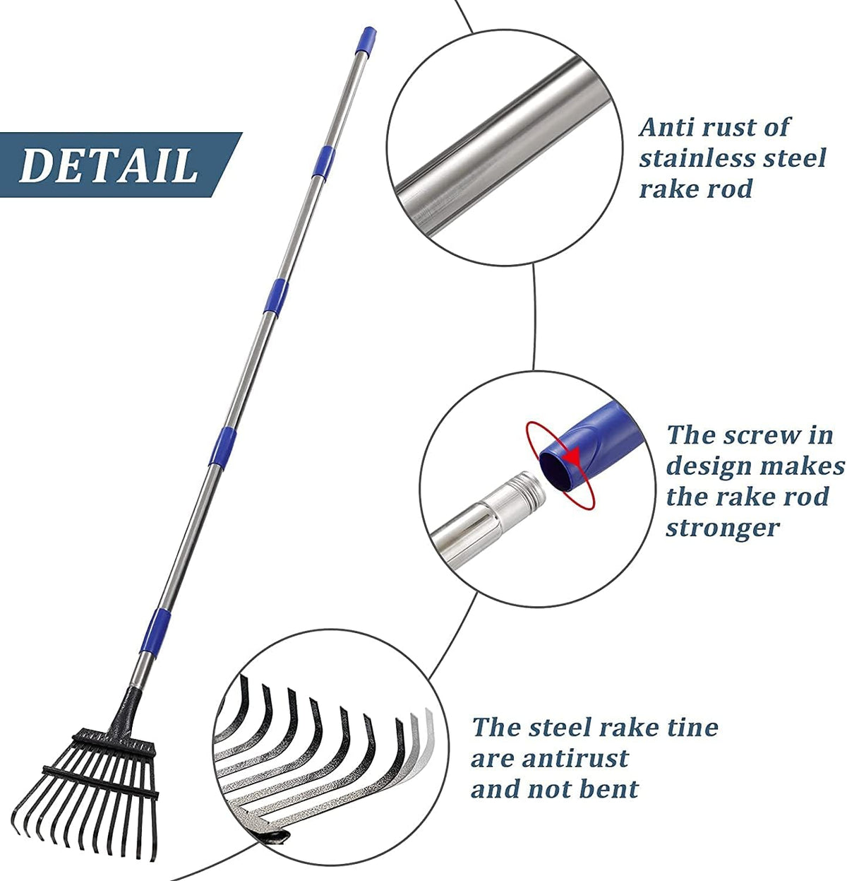 Garden Rake -Small Leaves Rakes for Gardening - 11 Metal Tines 8.5" Wide - 78" Long Handle Leaf