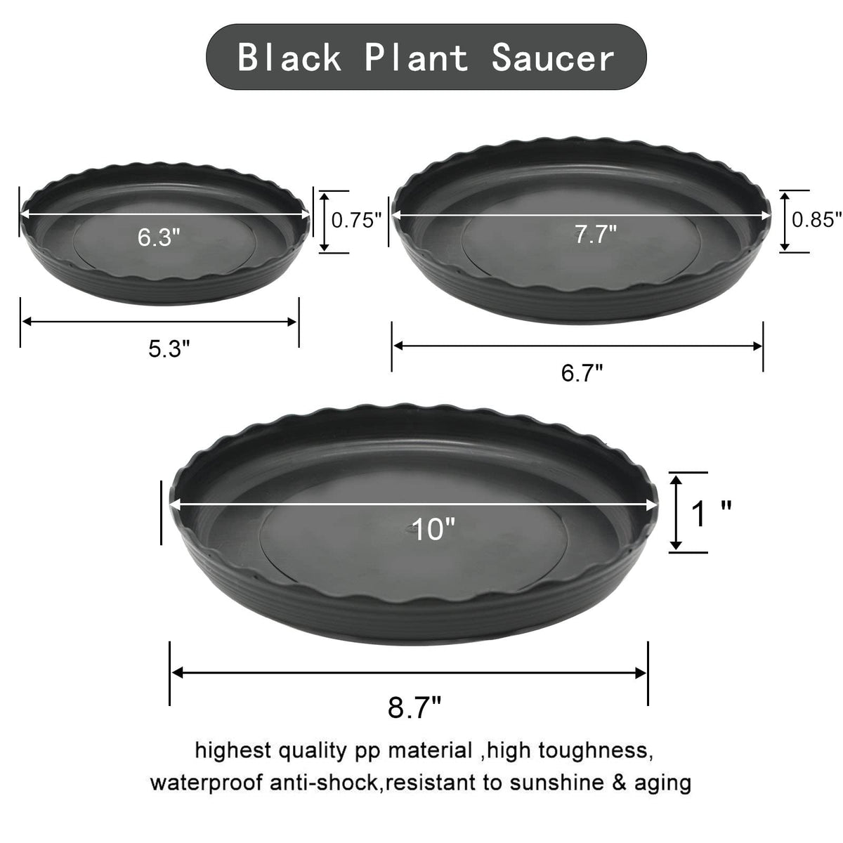 ECOESPTI 12Pcs Plant Saucer, 6 8 10 Inch Durable Plastic Plant Tray, Black Round Plant Pot Saucers