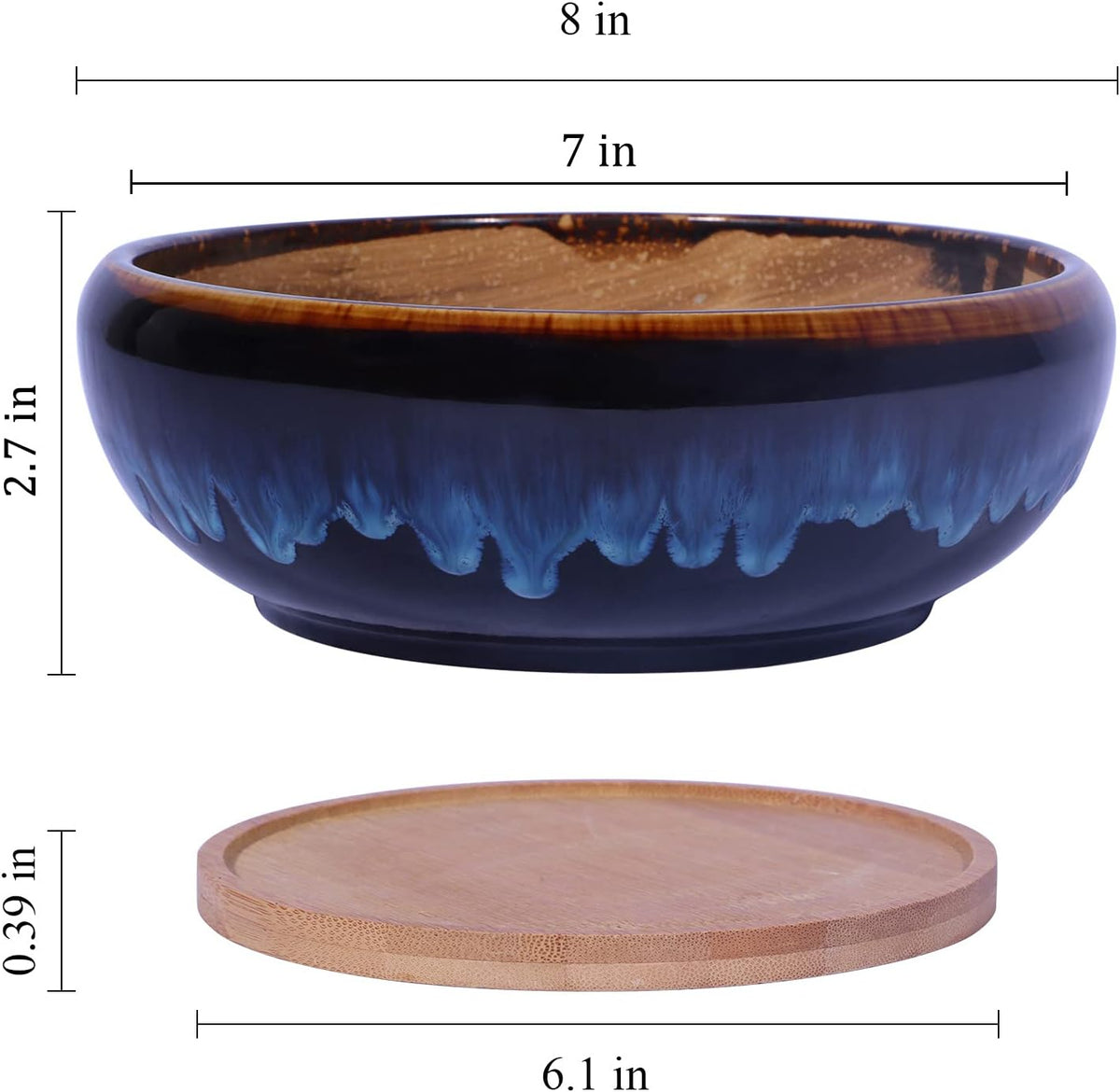 SQOWL 7 Inch Round Ceramic Succulent Planter Pot Drip Glazed Shallow Planter with Drainage Bamboo