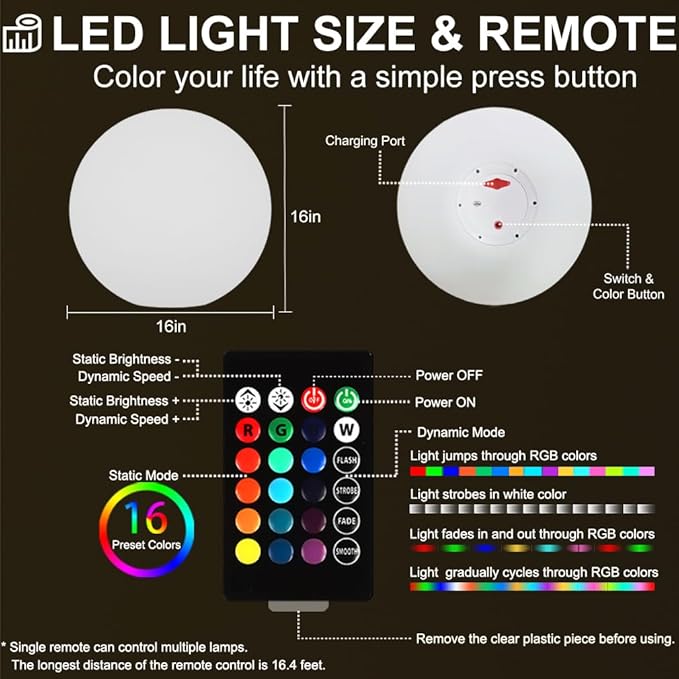 16-inch LED Globe Orb Light, Rechargeable Glowing Ball Light w/Remote, Dimmable RGB Color Changing