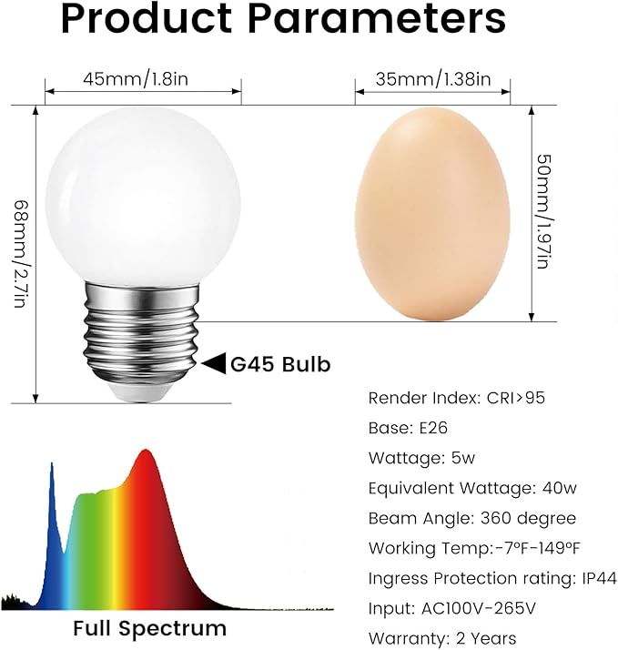 LED Light Bulb, 95Ra Daywhite Refrigerator Light Bulb G45 40W Equivalent, 5W 6000K E26 Waterproof