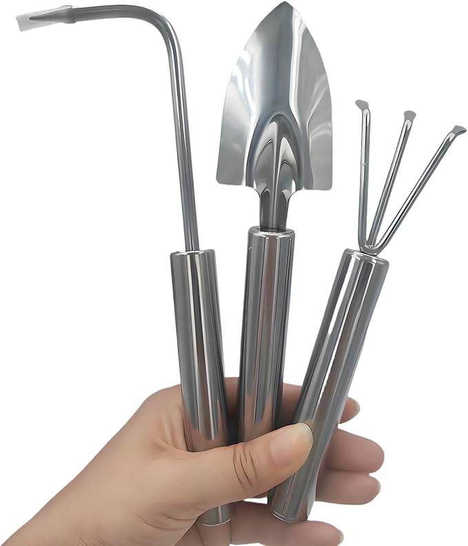 3 Pcs Stainless Steel Mini Garden Tools Set Small Tiny Shovel Trowel Root Extractor Hand Rake