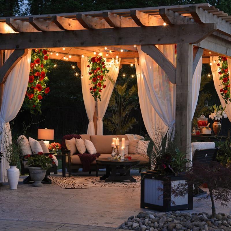 RECUTMS Hanging Rose Flowers Artificial Vines for Outdoors with 30 LED Fairy String Lights Indoor