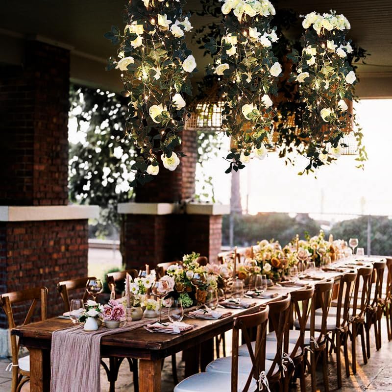 RECUTMS Artificial Plants Hanging 2Pieces 3.3Ft Rose Plant Flowers Vines Wedding (White)
