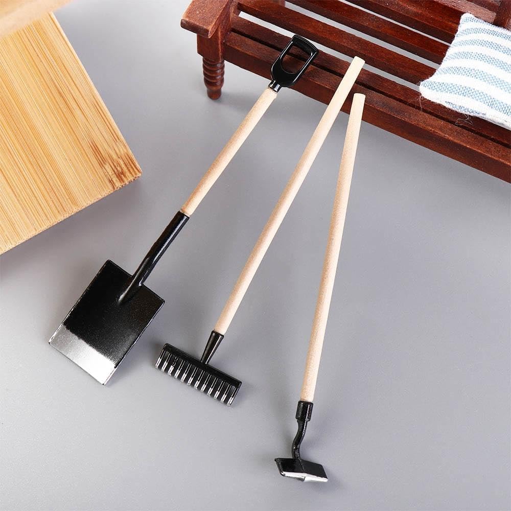 3Pcs Miniature Garden Tools 1:12 Mini Shovels and Rake Farm Tools Fairy Garden Furniture Dollhouse