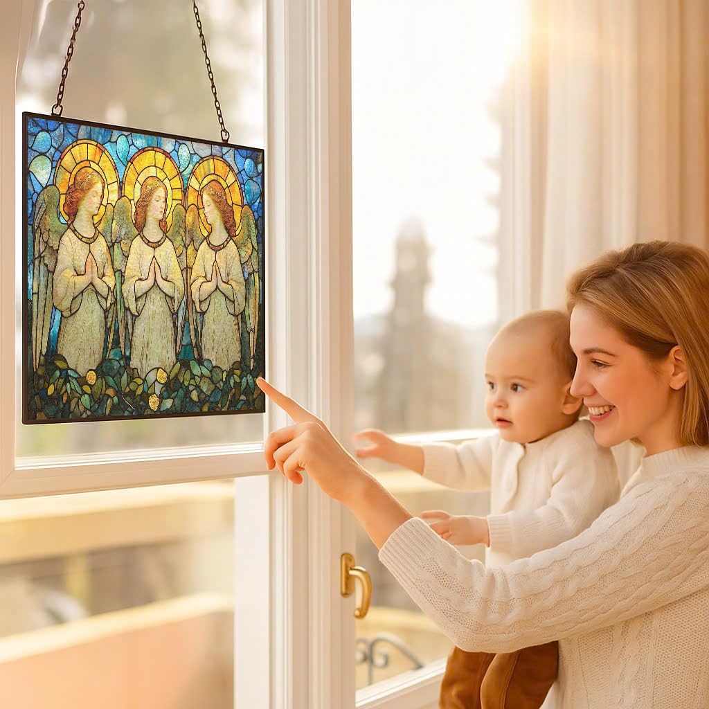 Rectangle Art Nouveau Angel Choir Suncatcher Stained Glass Window Hanging Handmade Stained Glass