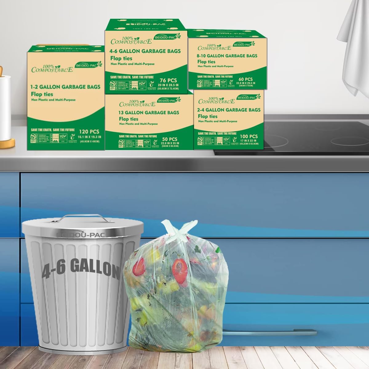 4-6 Gallon Flap Tie Compostable Trash Bags, 304 Count, Compost Bags Kitchen Trash Bags, Sturdy