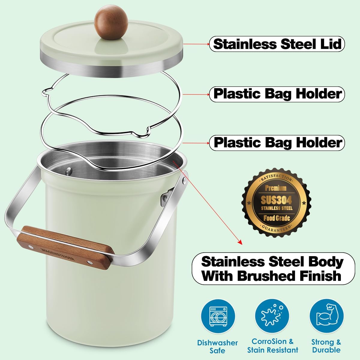 Kitchen Countertop Compost Bin 101Ounces / 3Liter with Airtight Lid, SUS304 Stainless Steel