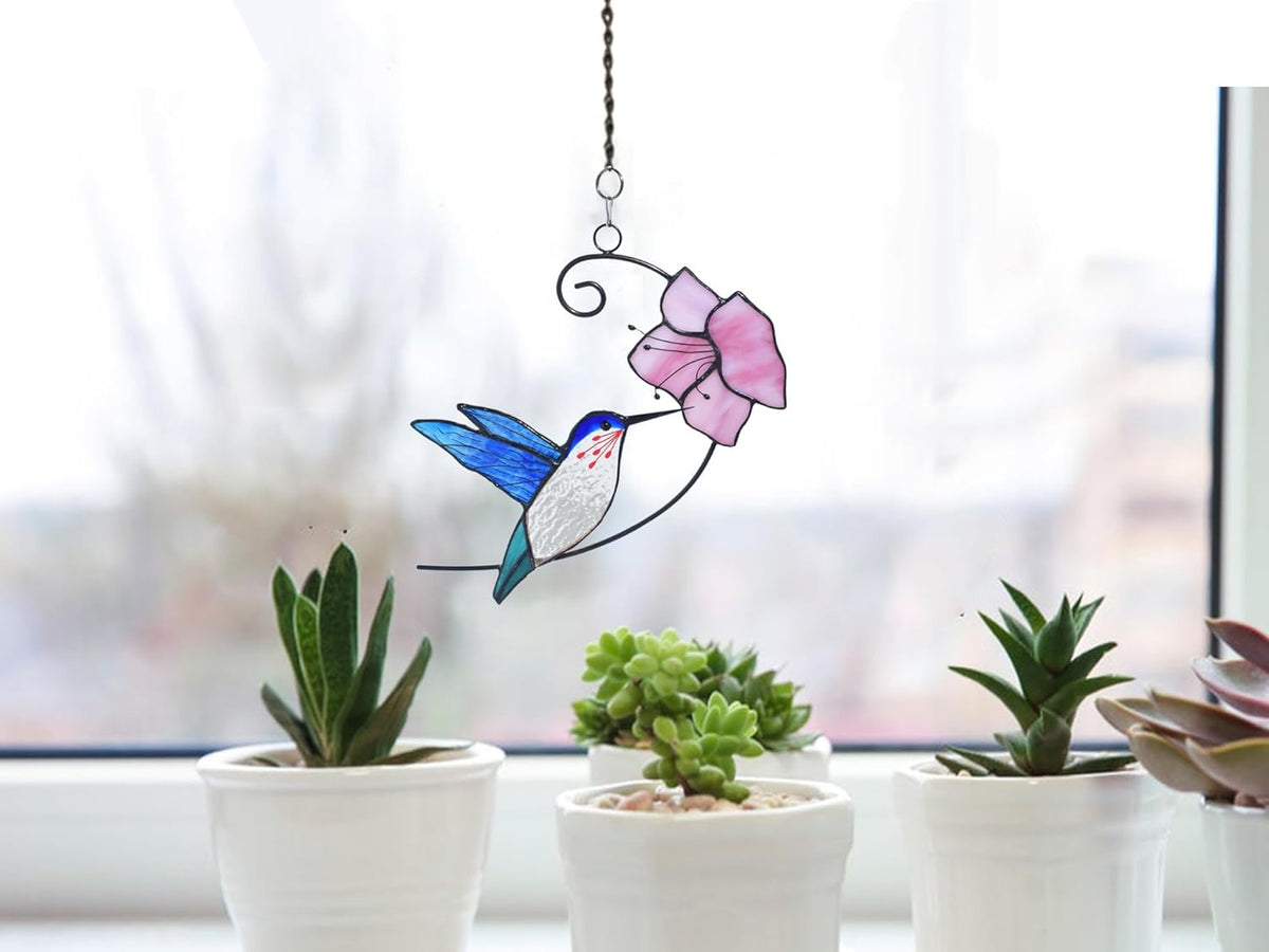 Lolitarcrafts Hummingbird with Flower Stained Glass Suncatcher Bird Stained Glass Window Hangings