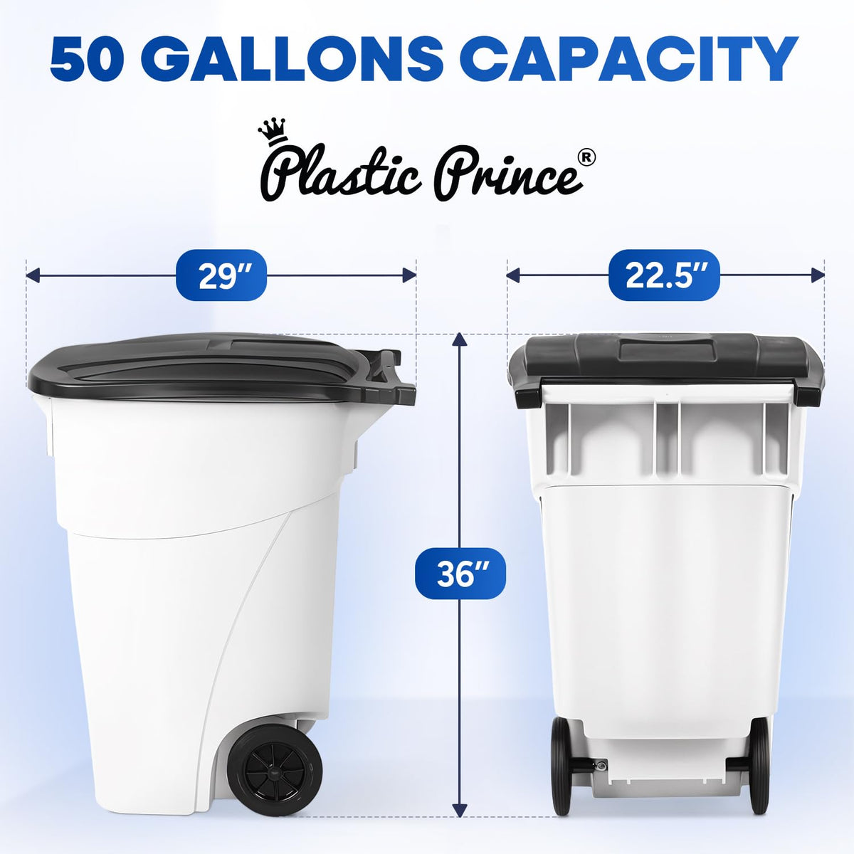 50 Gallon Trash Can, White Outdoor Garbage Can, Wheeled Outside Trash Bin Outdoor with Lid and
