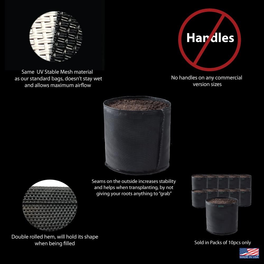 Commercial Grow Bag Pack of 10, Air Pruning Mesh Fabric Plant Containers (3 Gallon, Black)