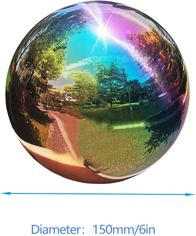 Rainbow Gazing Globe Mirror Ball in Stainless Steel, Shiny Hollow Sphere Sparkling Housewarming