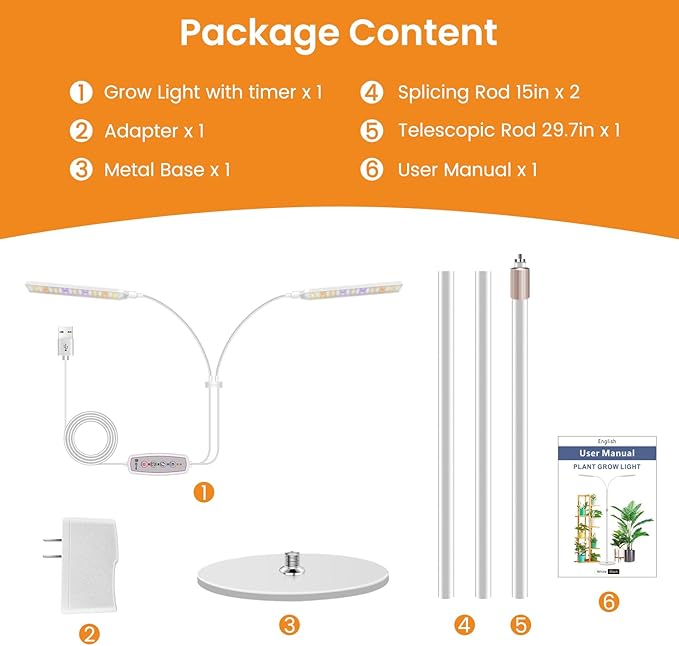 Grow Lights for Indoor Plants with Stand, 2-Heads Full Specturm Plant Grow Light with 4/8/12/16H