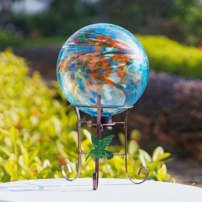 10 Inch Glass Gazing Ball, with 9.4" Tall Metal Gazing Globe Stand, Glass Balls Display Holder Set