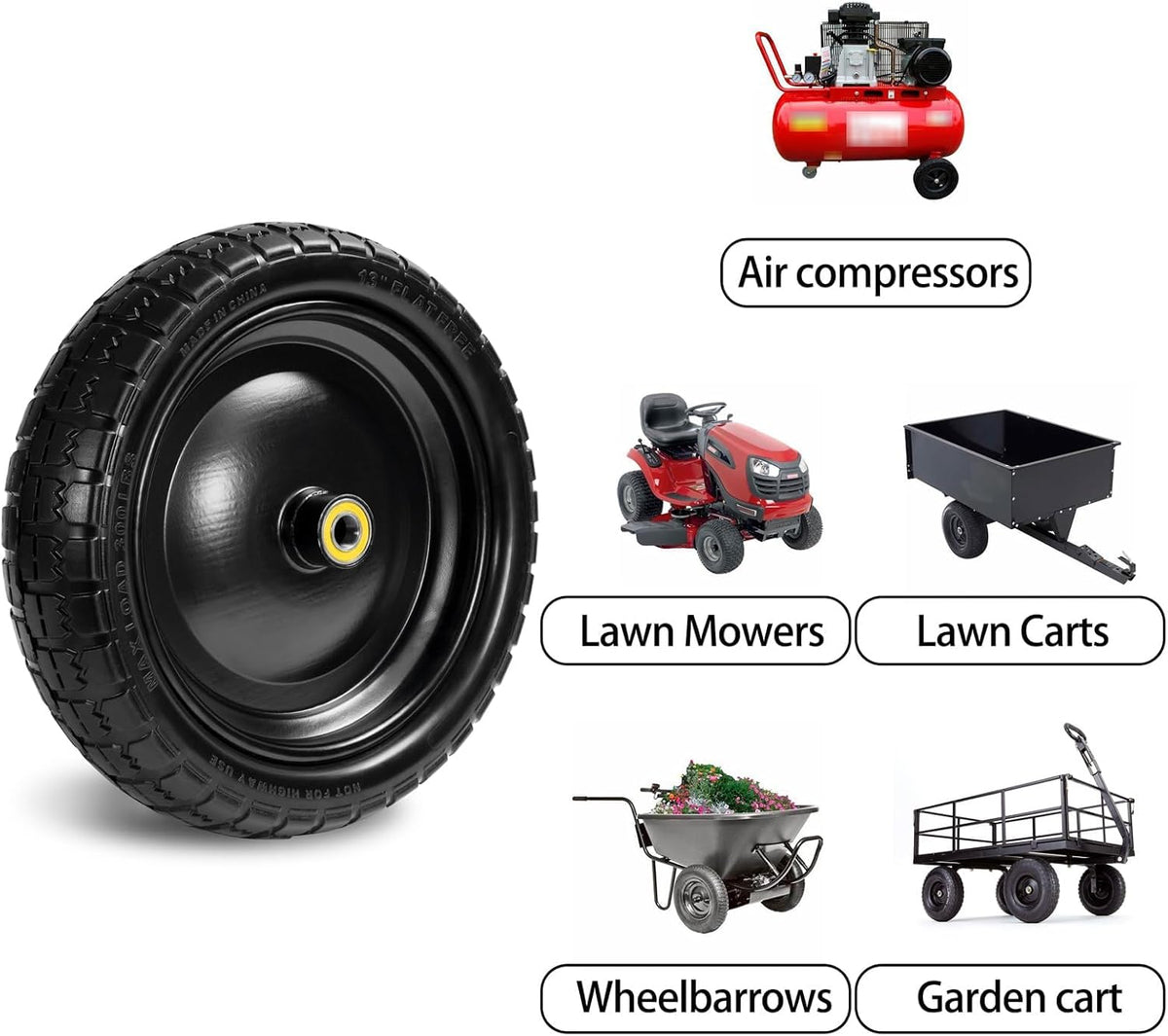 13" Tire Compatible with Gorilla Cart, 4.00-6 Flat Free Solid Tire and Wheel (Solid Polyurethane)