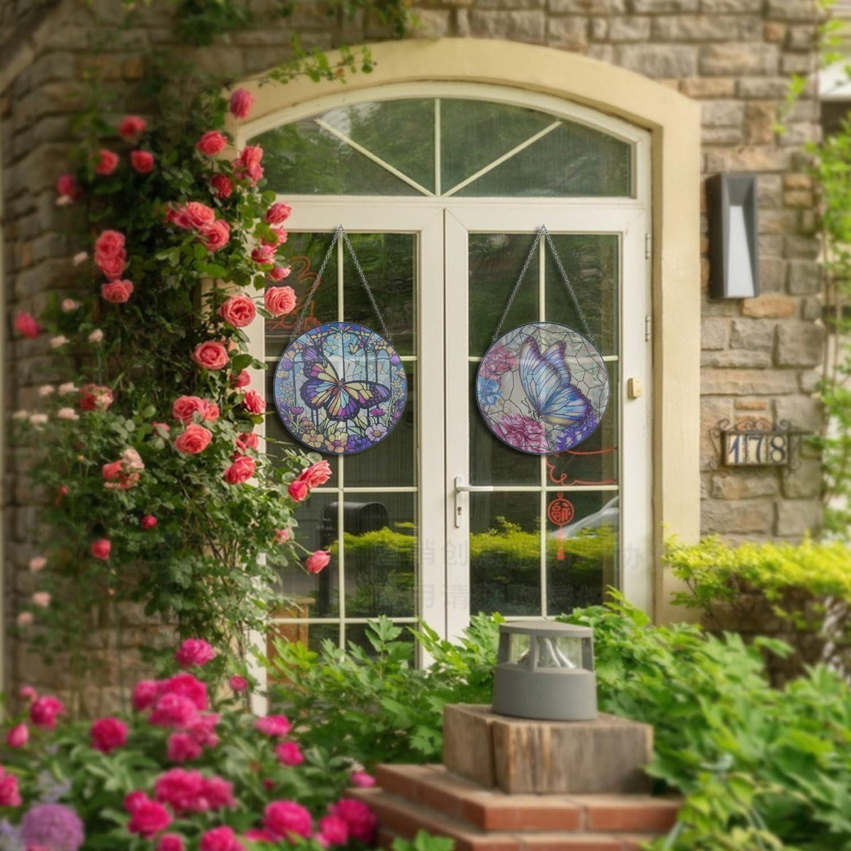 12''Stained Glass,Large Butterfly Decor Window Hanging,Handmade for Window Decoration,Painted