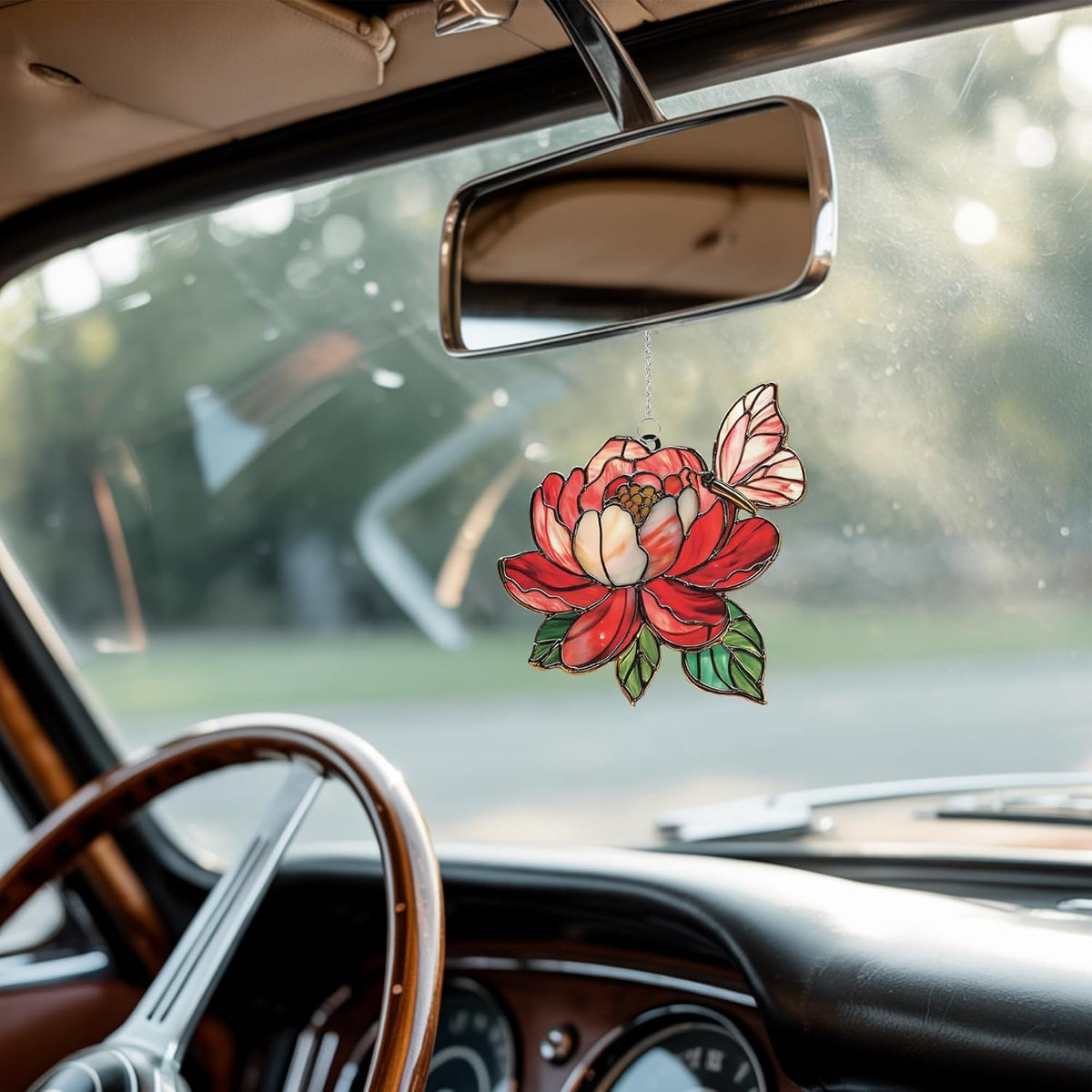 Butterfly and Peony Acrylic Suncatcher Stained Glass Effect Window Car Hanging Christmas Ornament