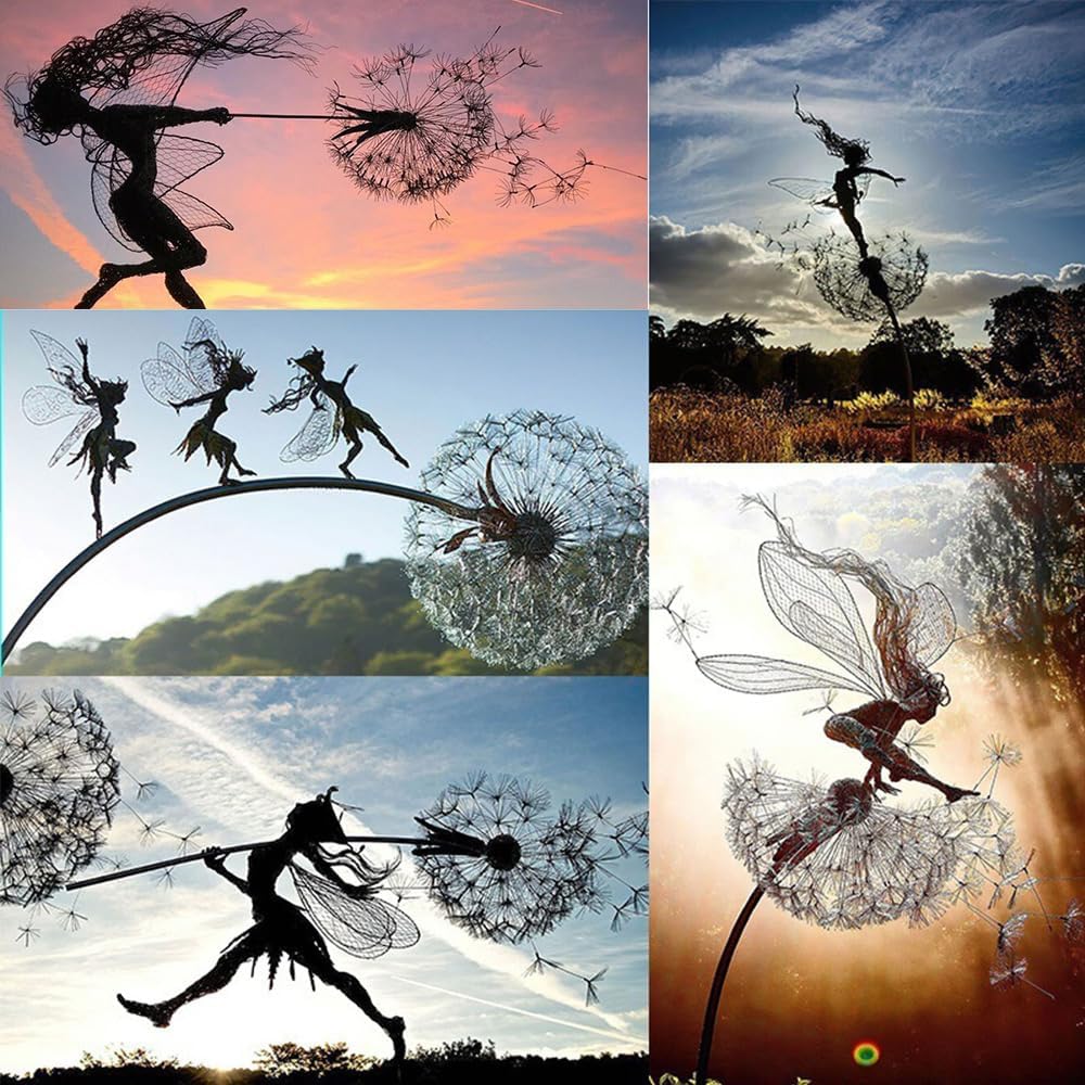 Flower Fairy Dancing with Dandelion Garden Art Sculpture Stainless Steel Statue Christmas Halloween