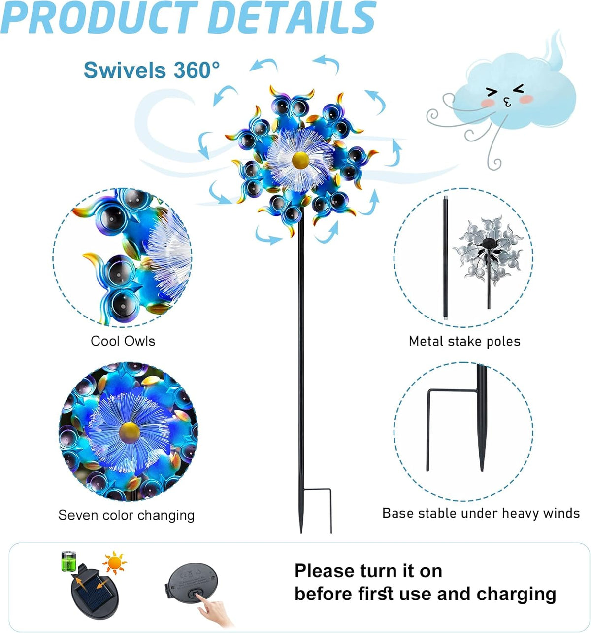 Solar Owls Wind Spinners for Yard and Garden,51 Inch Solar Windmill Seven Color LED Light Whirligig