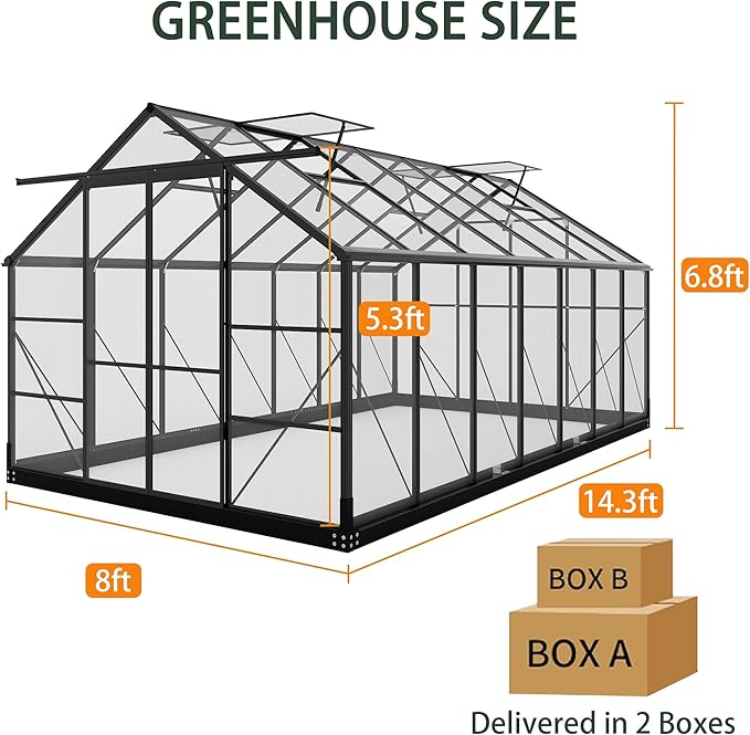 Greenhouses for Outdoors, 8x14.2 FT Polycarbonate Greenhouses with Adjustable Roof Vent, Windproof