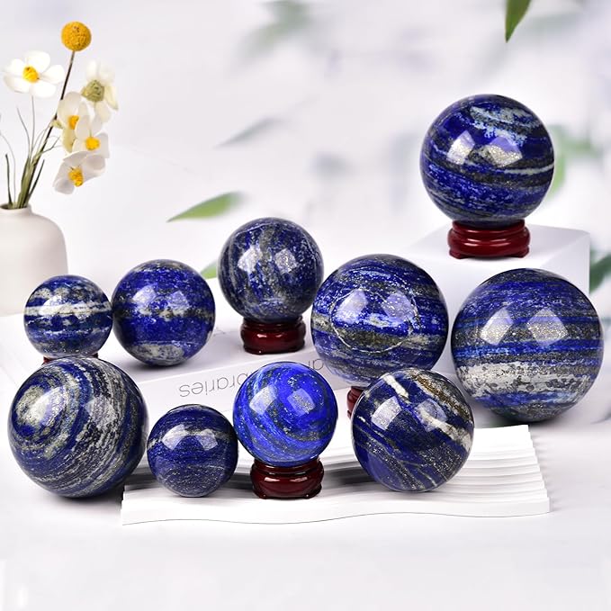 JIC Gem Lapis Lazuli Quartz Crystal Ball with Wooden Stand - Blue Crystal Sphere for Feng Shui