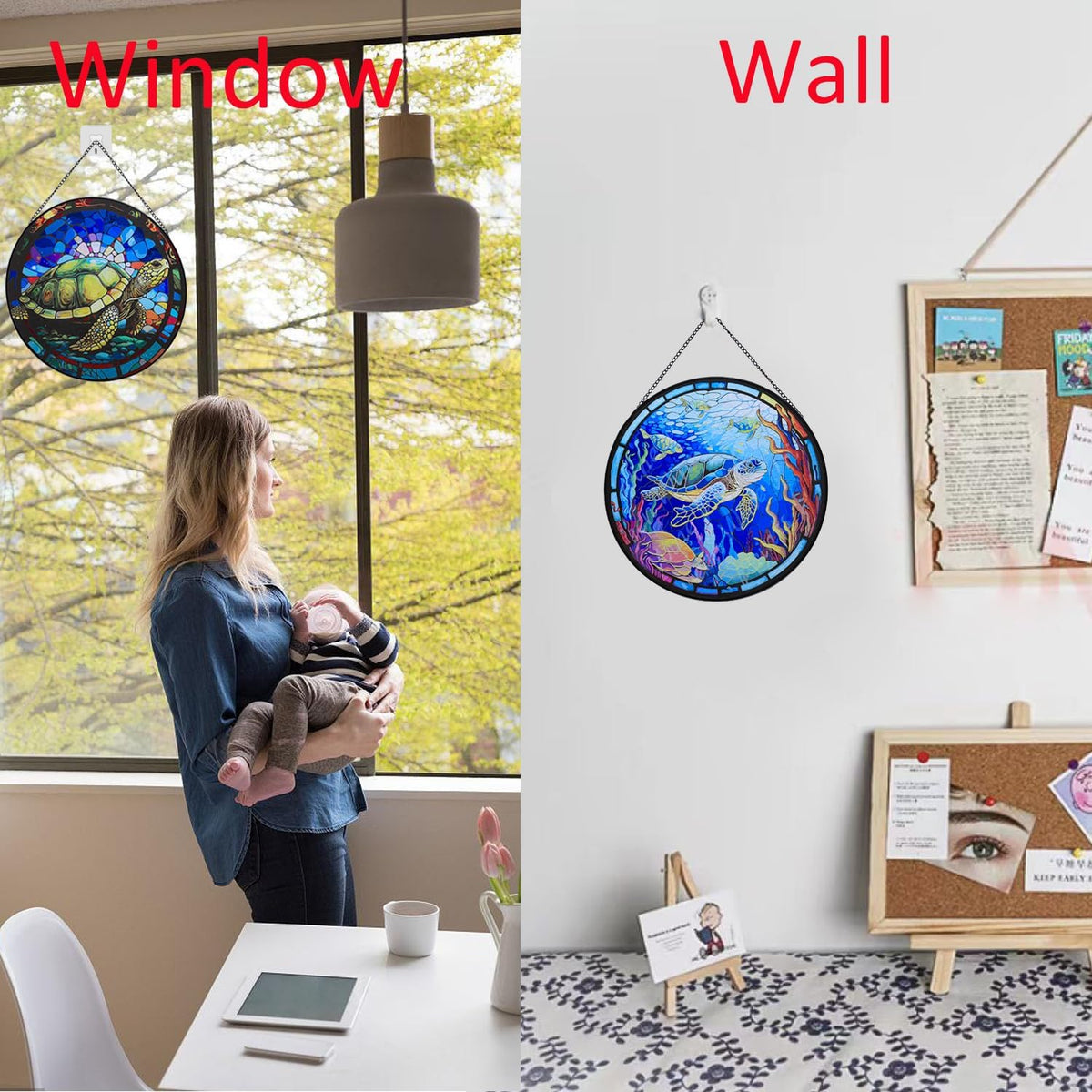 Hanging Stained Glass for Windows,20cm/7.87 inch Turtle Hand-Painted Glass Panel Window Hanging