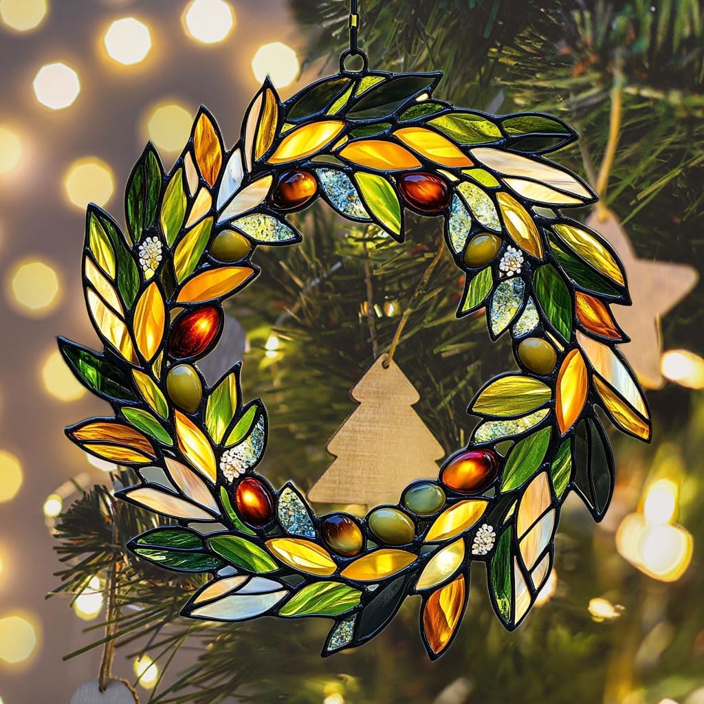 Mistletoe Wreath Acrylic Suncatcher Stained Glass Effect Window Car Hanging Christmas Ornament