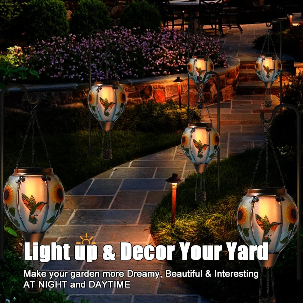 Hot Air Balloon Solar Lantern - Large Hummingbird Glass Lantern, Simulated Flickering & Dancing