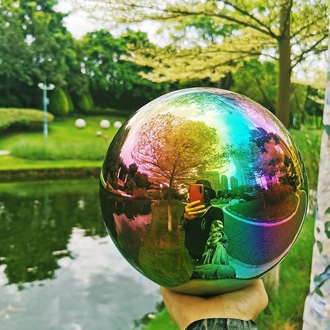 Rainbow Gazing Globe Mirror Ball in Stainless Steel, Shiny Hollow Sphere Sparkling Housewarming