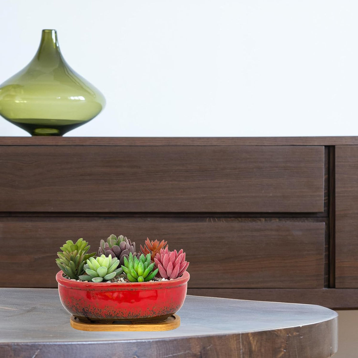 Succulent Pots, 7.9 Inch Long Rectangular Succulent Planters with Drainage Tray, Shallow Planters