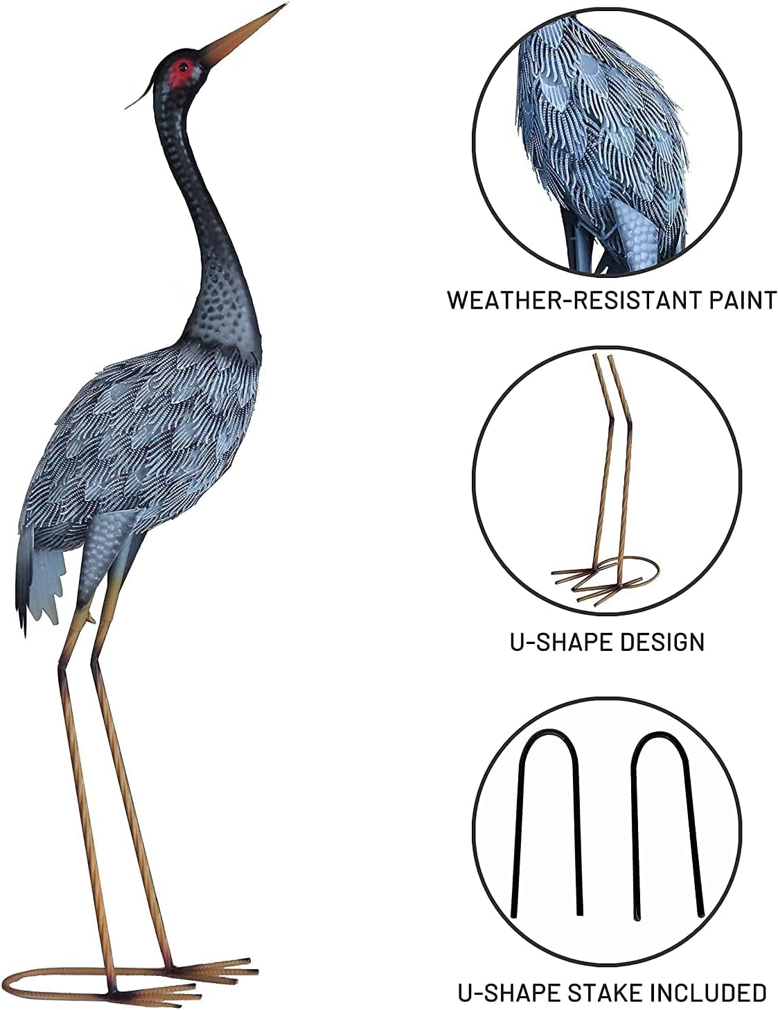 Crane Statue Garden Décor, Metal Heron Statue Yard Art for Outdoor Patio Lawn Backyard Pool Front