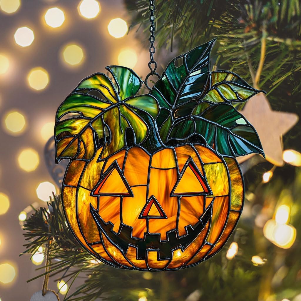 Monstera Jack-o'-Lantern Acrylic Suncatcher Stained Glass Effect Window Car Hanging Christmas